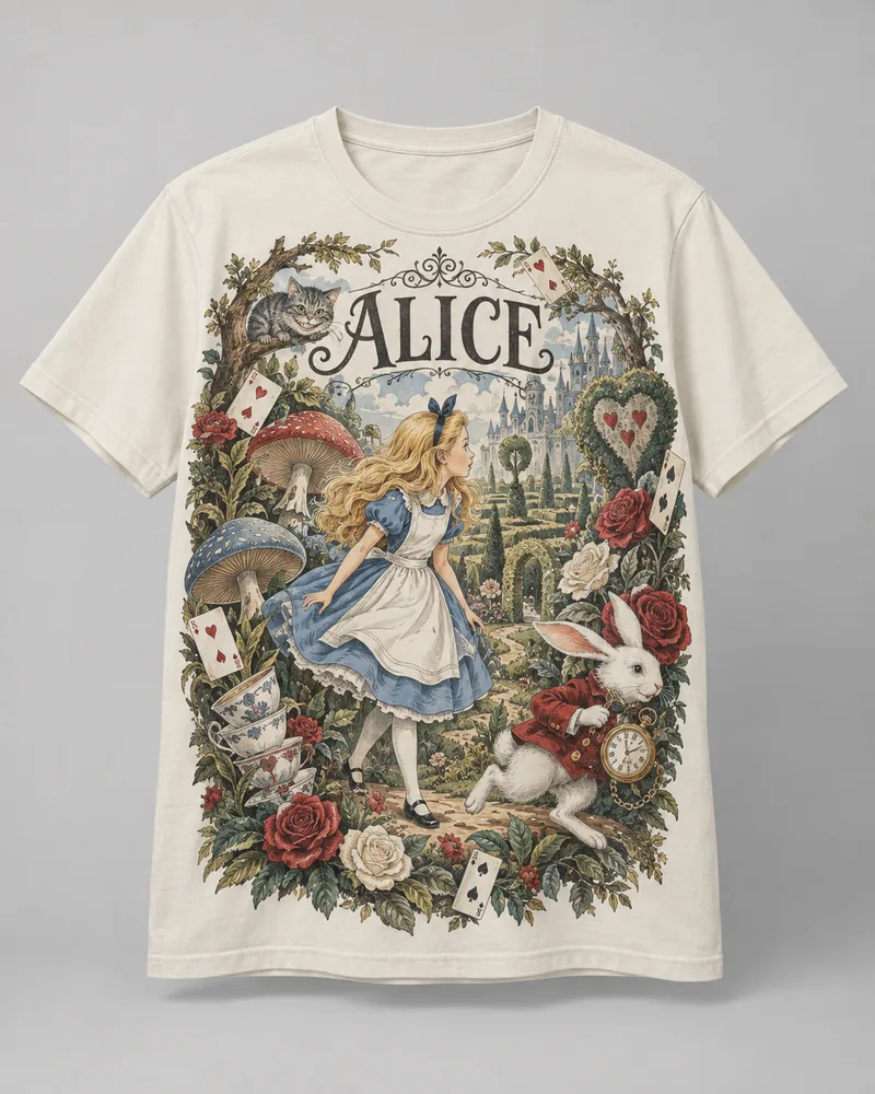 Proposta da camiseta Alice — Além da toca, off-white