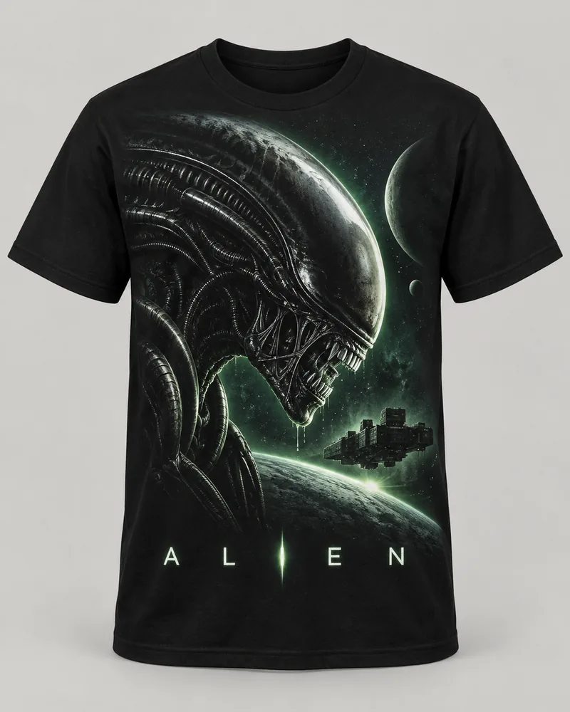 Proposta da camiseta Alien — No espaço, preto
