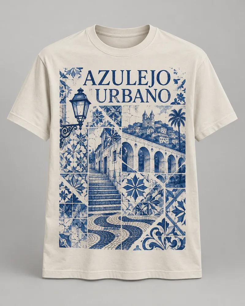 Proposta da camiseta Azulejo urbano — Fragmentos, off-white