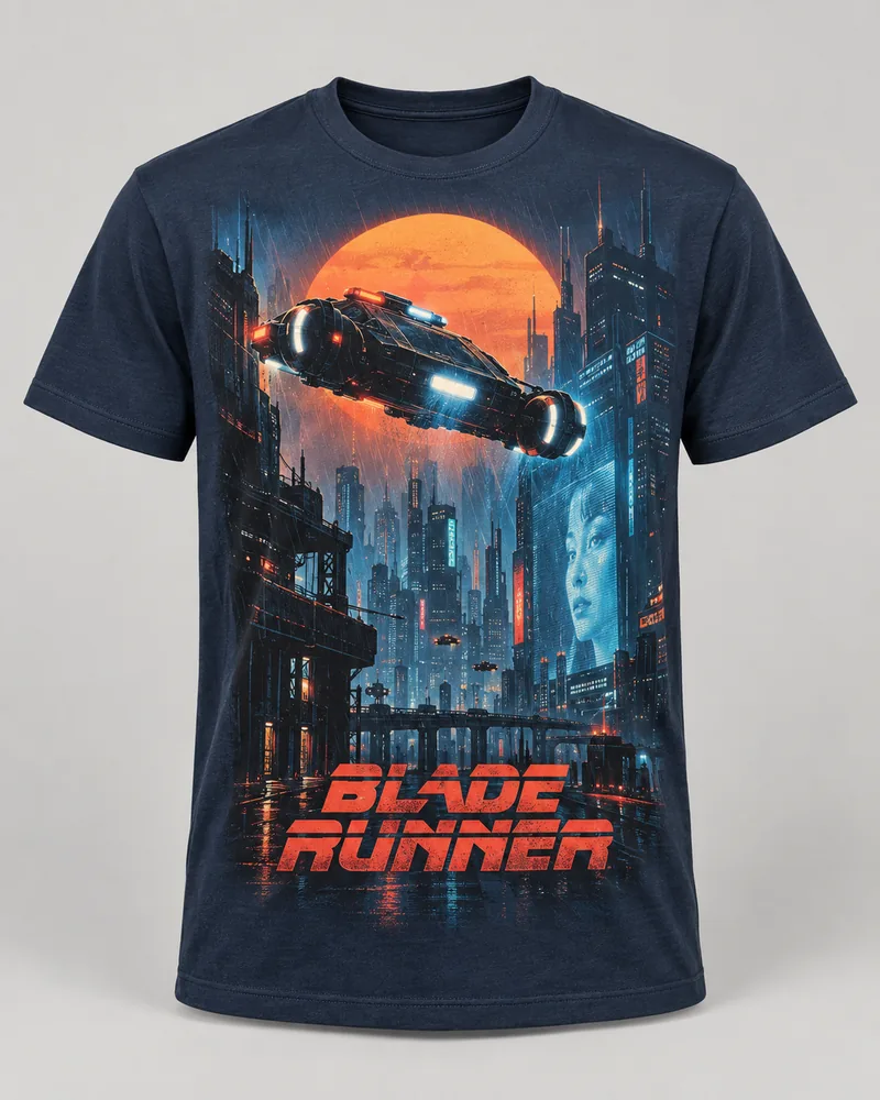 Proposta da camiseta Blade Runner — Cidade elétrica, azul-marinho