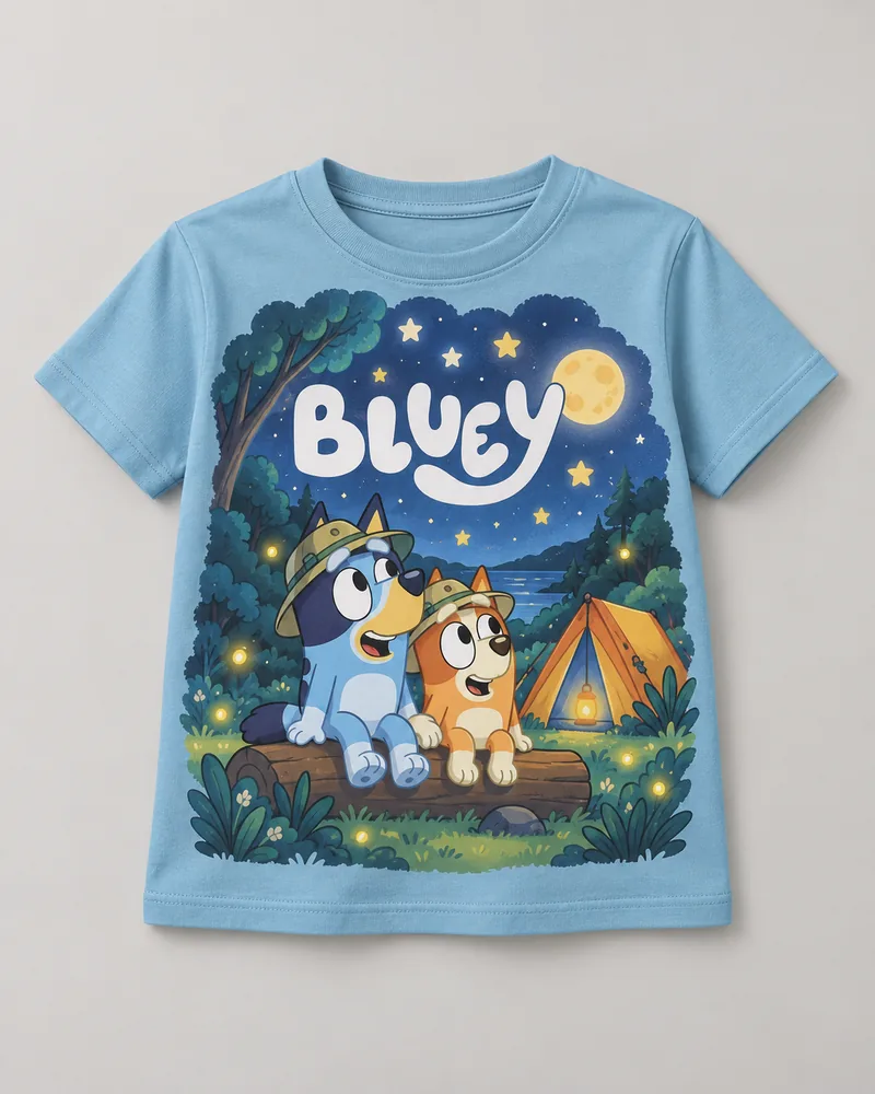 Proposta da camiseta Bluey — Acampamento das irmãs, azul-claro