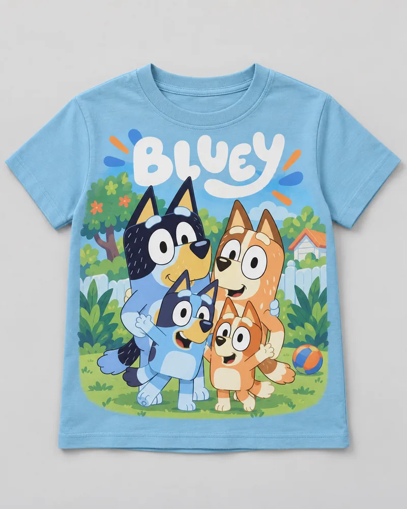 Proposta da camiseta Bluey — Família Heeler, azul-claro
