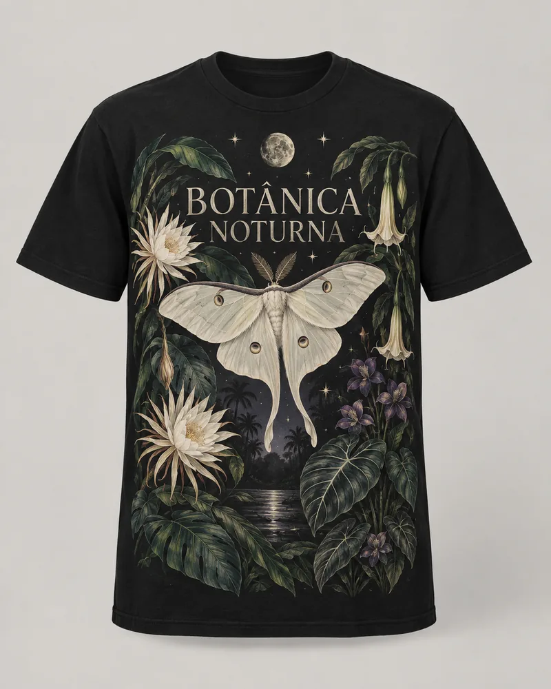 Proposta da camiseta Botânica noturna — Jardim secreto, preto