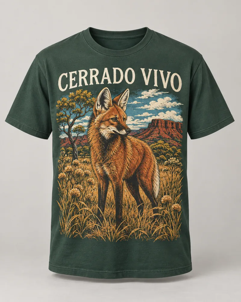 Proposta da camiseta Cerrado vivo — Raízes do Brasil, verde-floresta