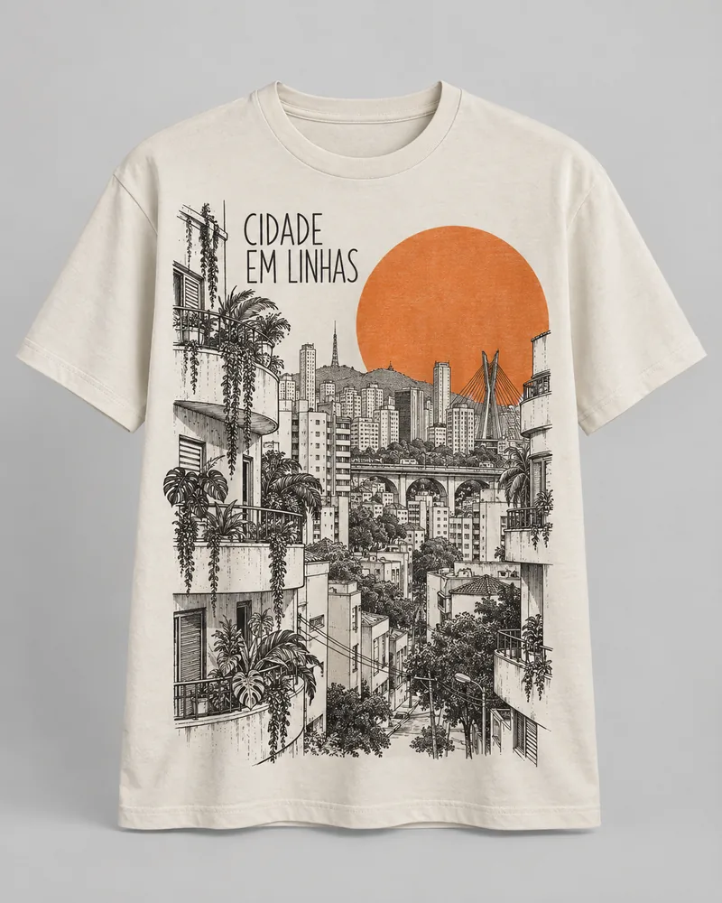 Proposta da camiseta Cidade em linhas — Concreto e céu, off-white