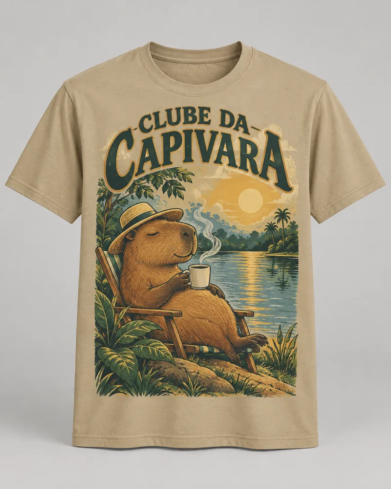 Proposta da camiseta Clube da Capivara — Sem pressa, areia