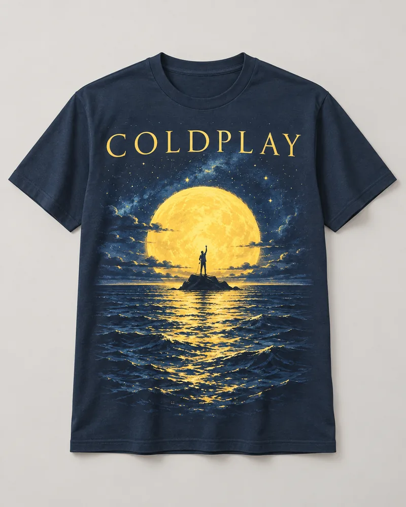 Proposta da camiseta Coldplay — Yellow, azul-marinho
