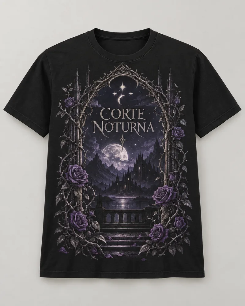 Proposta da camiseta Corte de Espinhos e Rosas — Corte noturna, preto