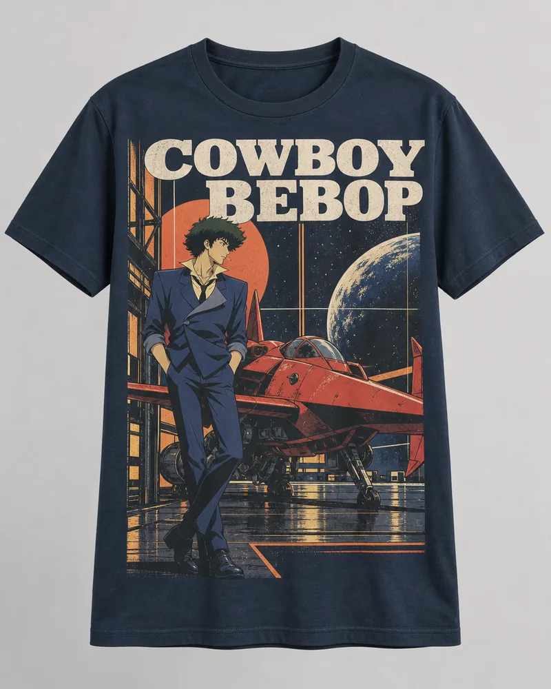 Proposta da camiseta Cowboy Bebop — Jazz entre estrelas, azul-marinho