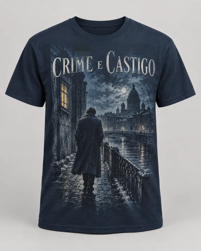 Proposta da camiseta Crime e Castigo — Luz na janela, azul-marinho