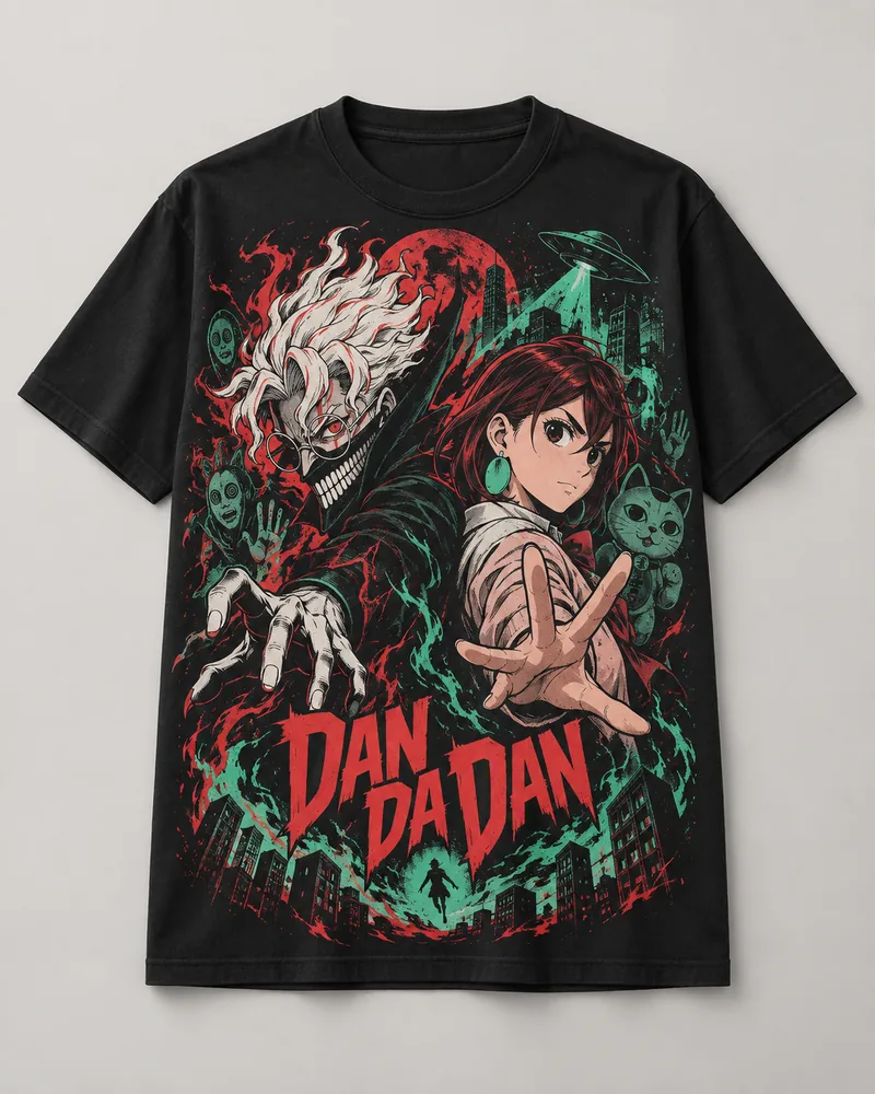 Proposta da camiseta DAN DA DAN — Okarun e Momo, preto