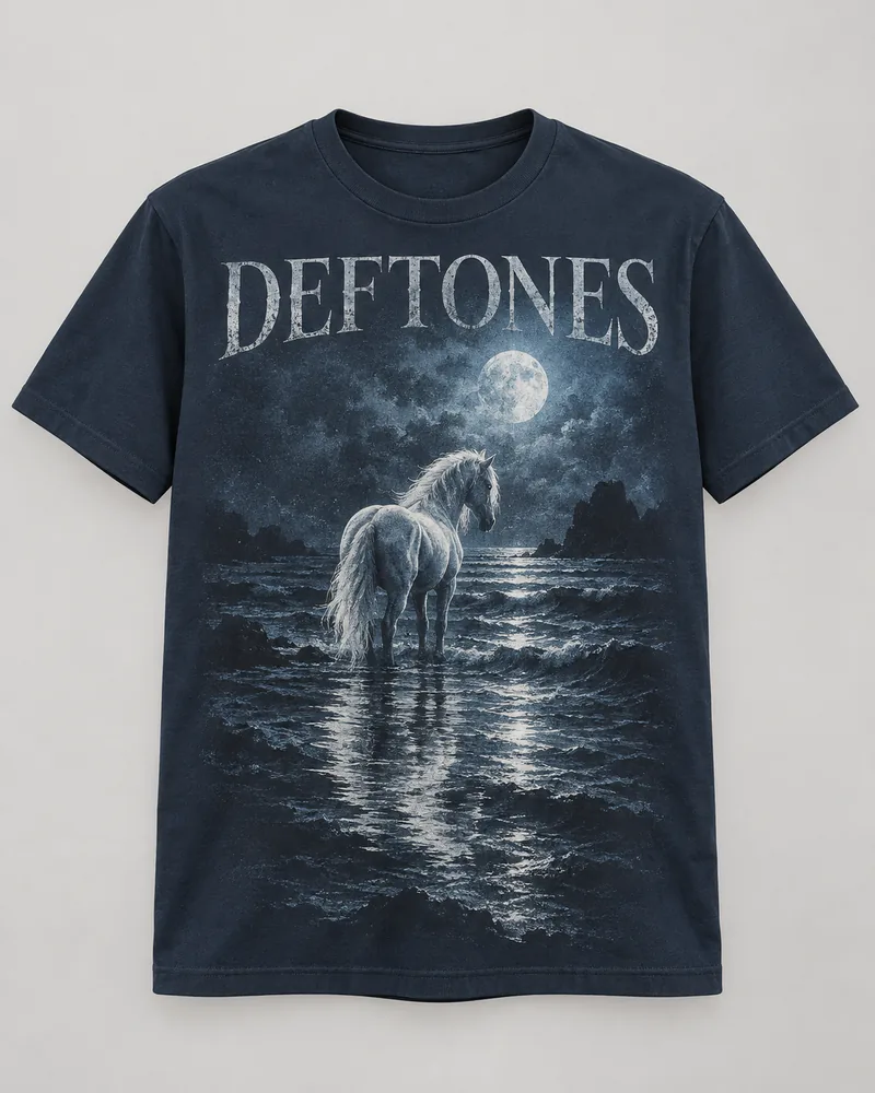 Proposta da camiseta Deftones — Noite branca, azul-marinho