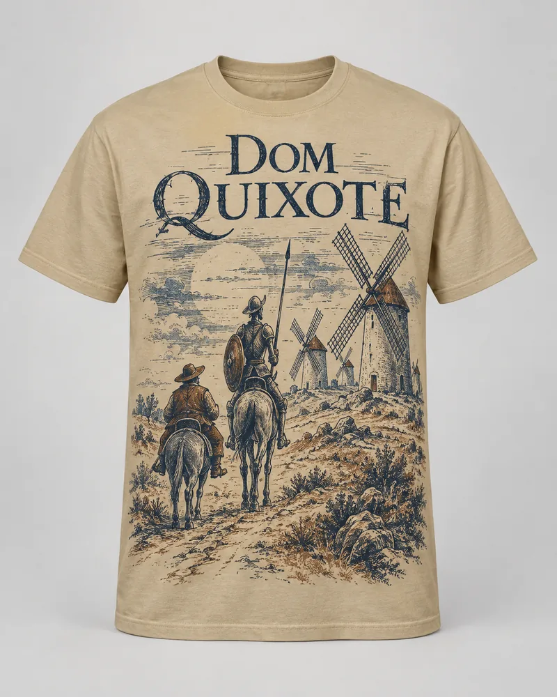 Proposta da camiseta Dom Quixote — Moinhos e gigantes, areia