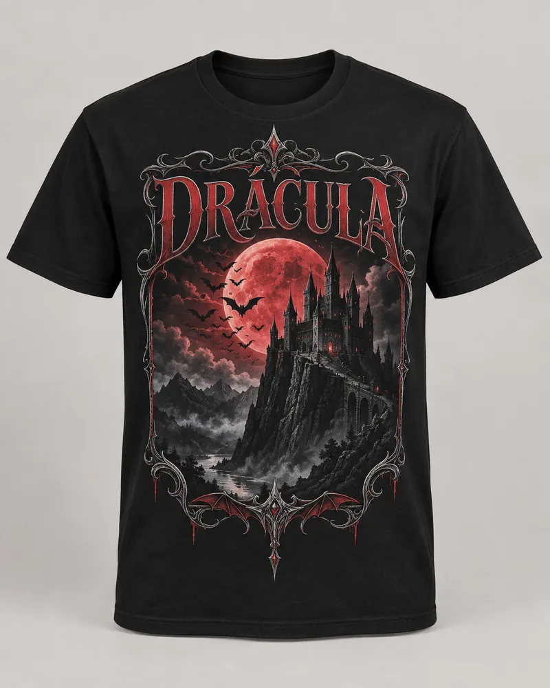 Proposta da camiseta Drácula — Noite na Transilvânia, preto