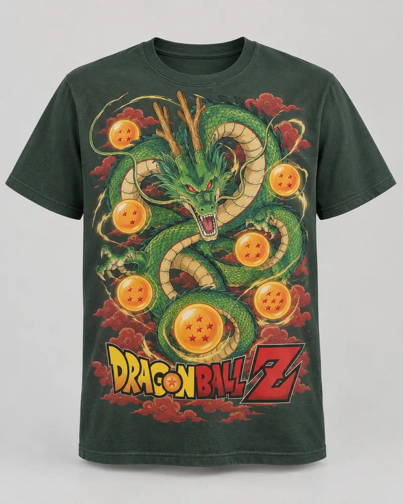 Proposta da camiseta Dragon Ball Z — Shenlong e as esferas, verde-floresta