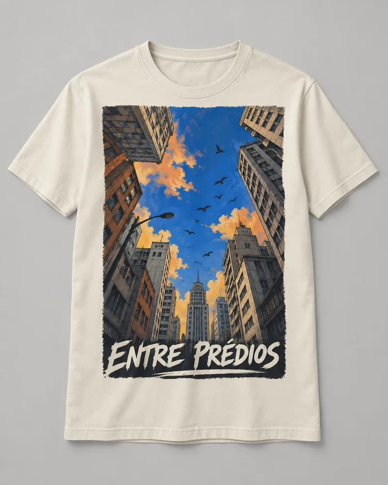 Proposta da camiseta Entre prédios — Céu aberto, off-white