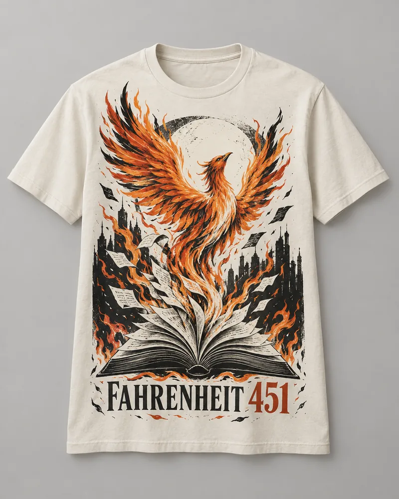 Proposta da camiseta Fahrenheit 451 — Livros em chamas, off-white