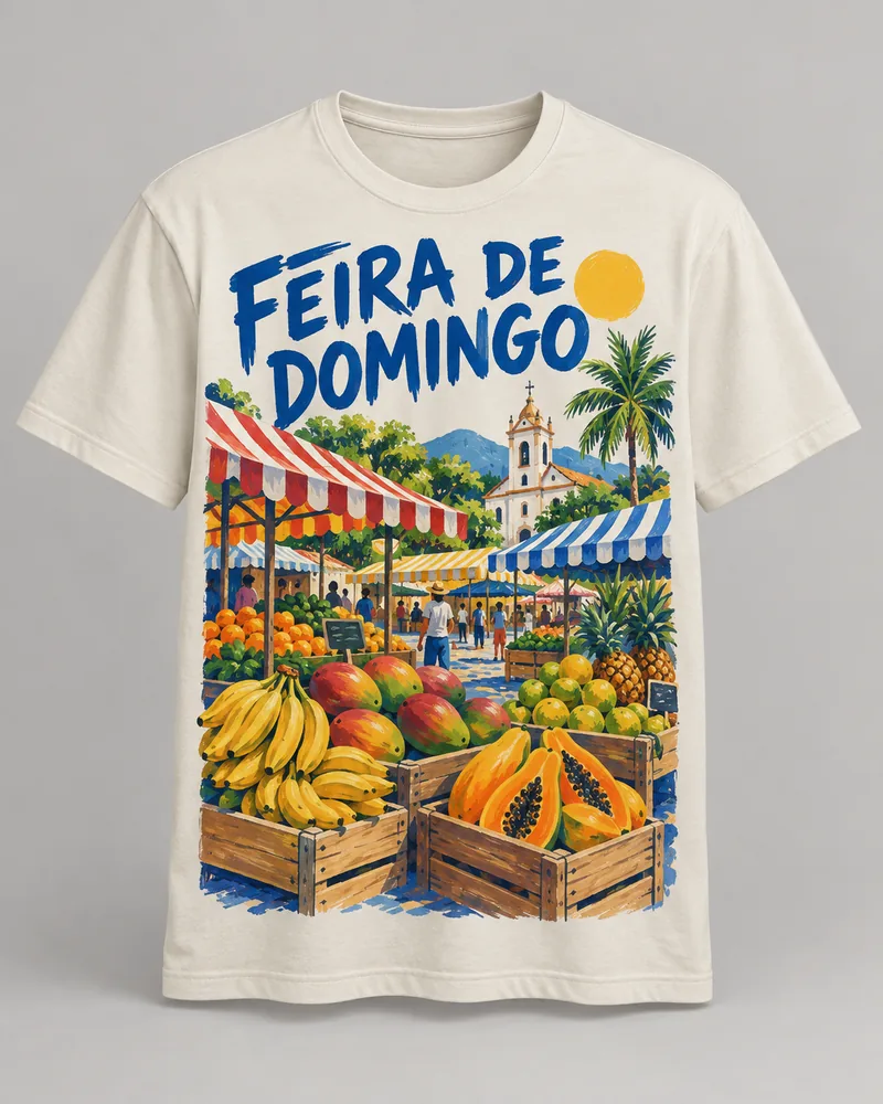 Proposta da camiseta Feira de domingo — Brasil em cores, off-white