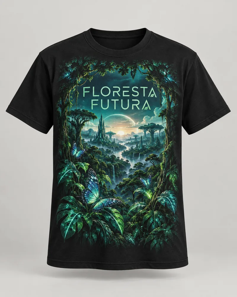 Proposta da camiseta Floresta futura — Vida em camadas, preto