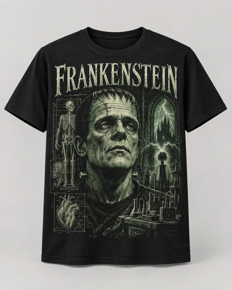 Proposta da camiseta Frankenstein — A centelha, preto