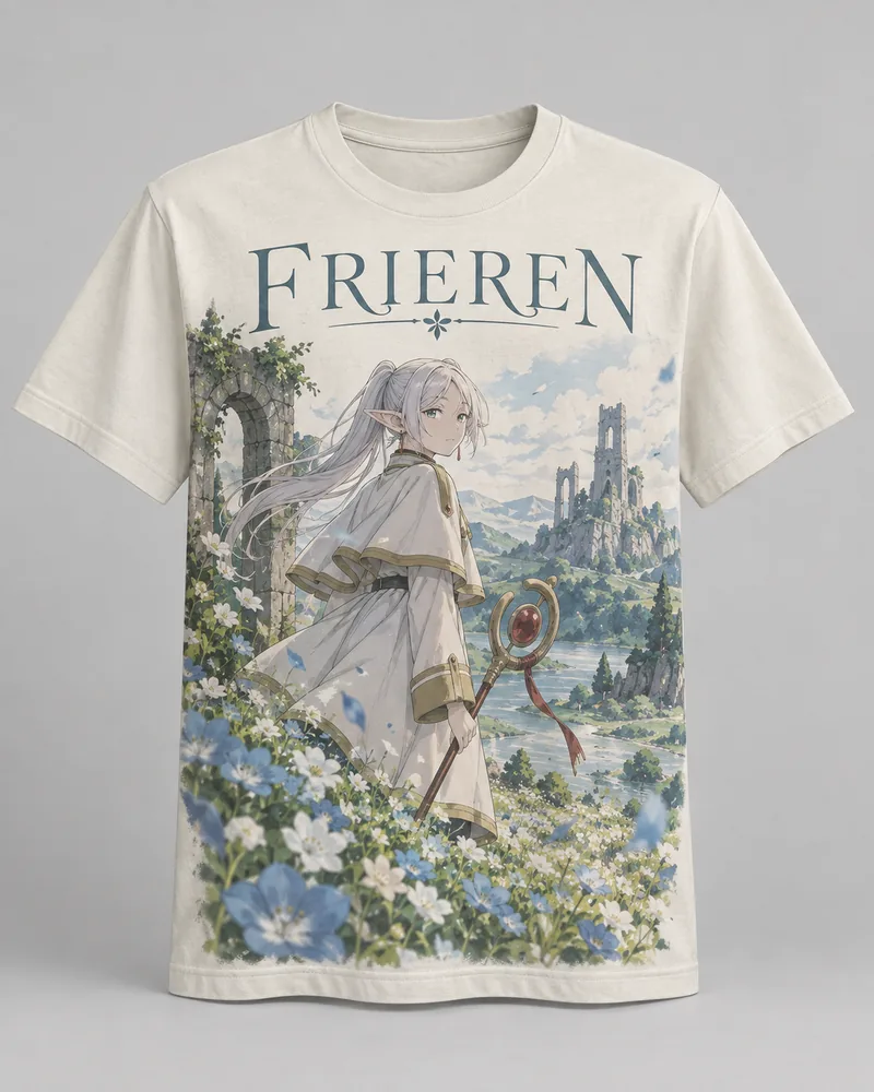 Proposta da camiseta Frieren — Depois da jornada, off-white