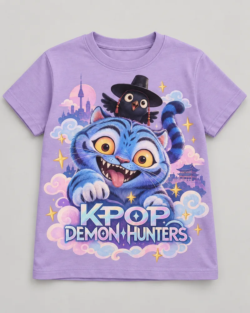 Proposta da camiseta Guerreiras do K-pop — Tigre azul, lilás