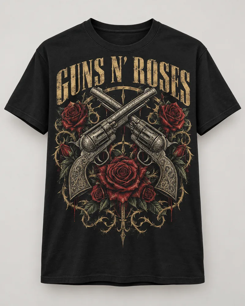 Proposta da camiseta Guns N' Roses — Rosas elétricas, preto