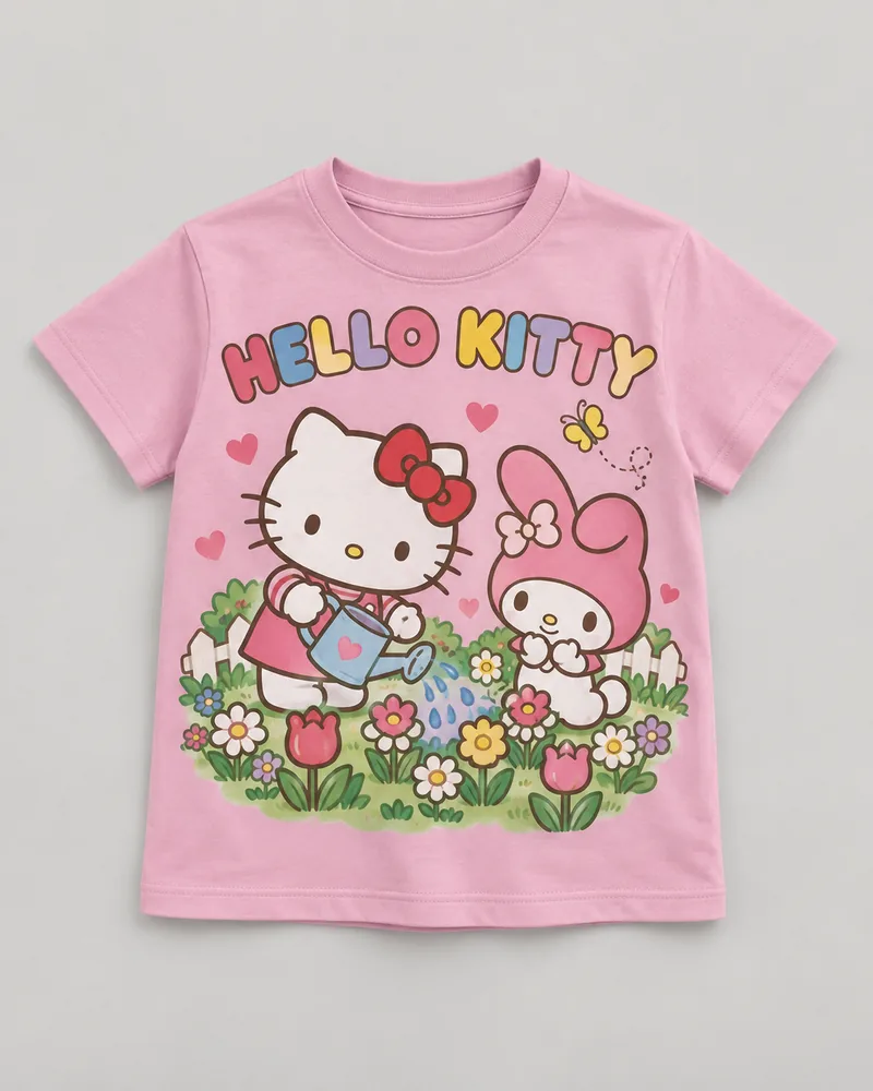 Proposta da camiseta Hello Kitty — Jardim das amizades, rosa