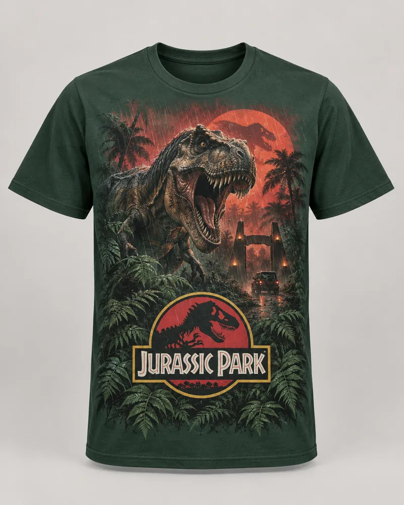 Proposta da camiseta Jurassic Park — Ilha Nublar, verde-floresta