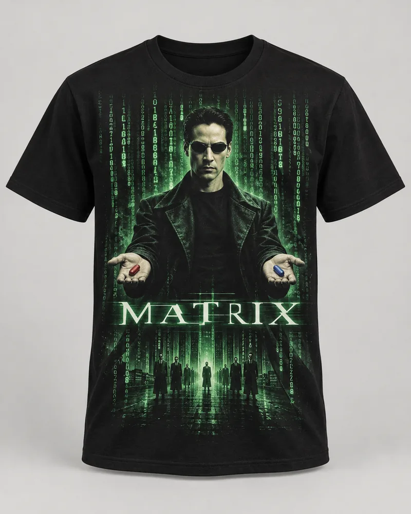 Proposta da camiseta Matrix — Escolha sua realidade, preto