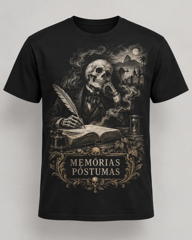 Proposta da camiseta Memórias Póstumas — O defunto autor, preto