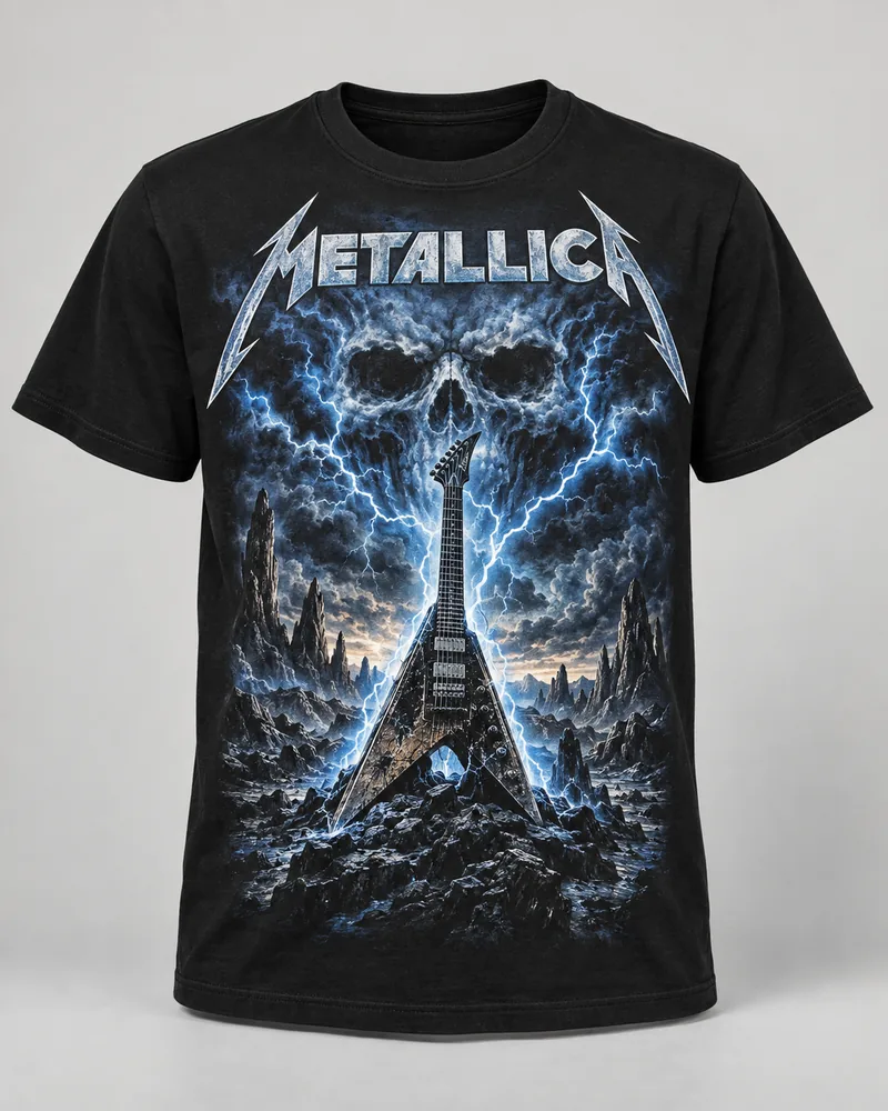 Proposta da camiseta Metallica — Metal e trovão, preto