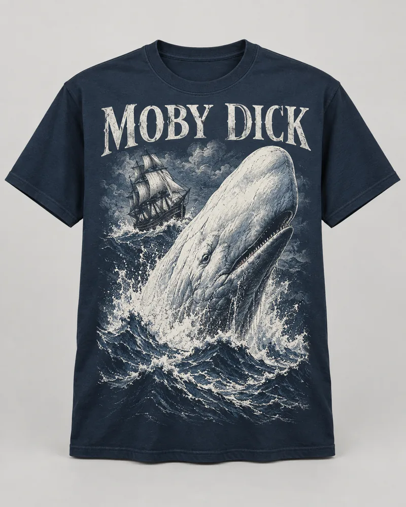 Proposta da camiseta Moby Dick — Mar sem fim, azul-marinho