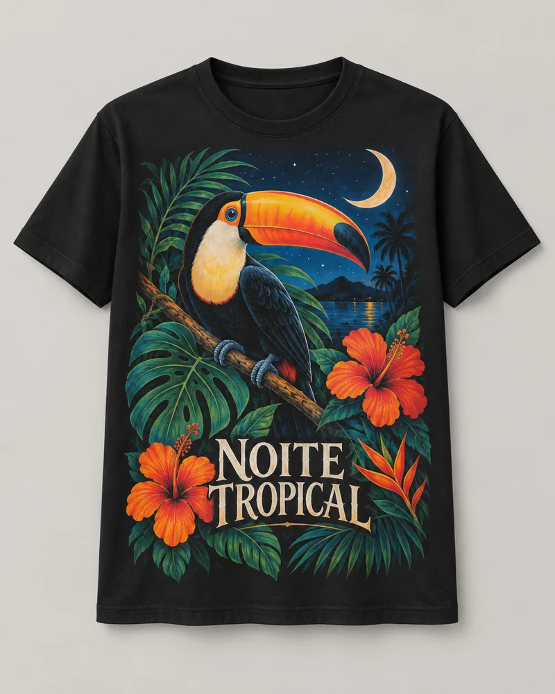 Proposta da camiseta Noite tropical — Depois do sol, preto