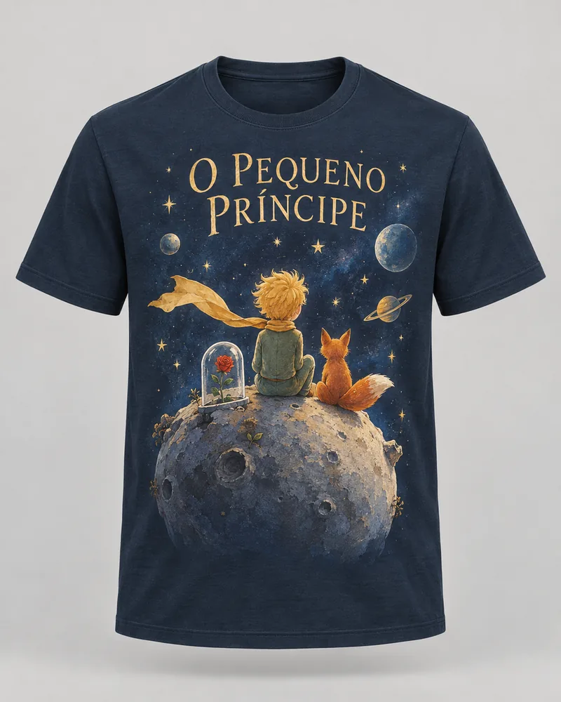 Proposta da camiseta O Pequeno Príncipe — Planeta B612, azul-marinho