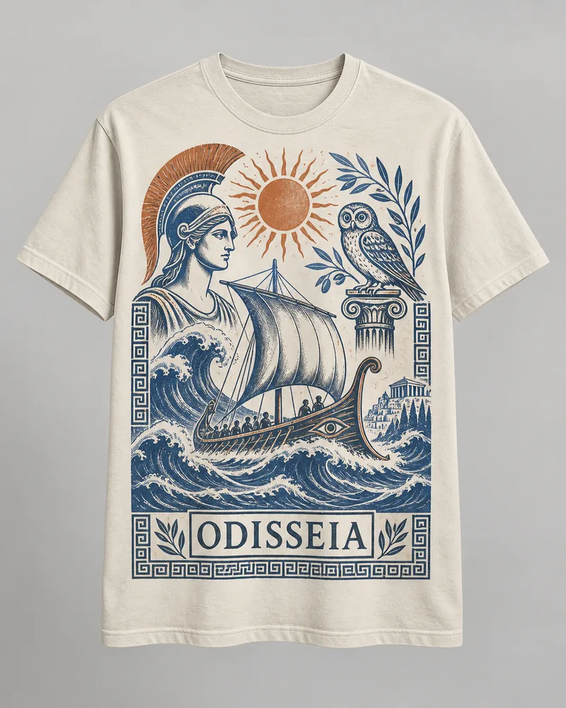 Proposta da camiseta Odisseia — Retorno a Ítaca, off-white
