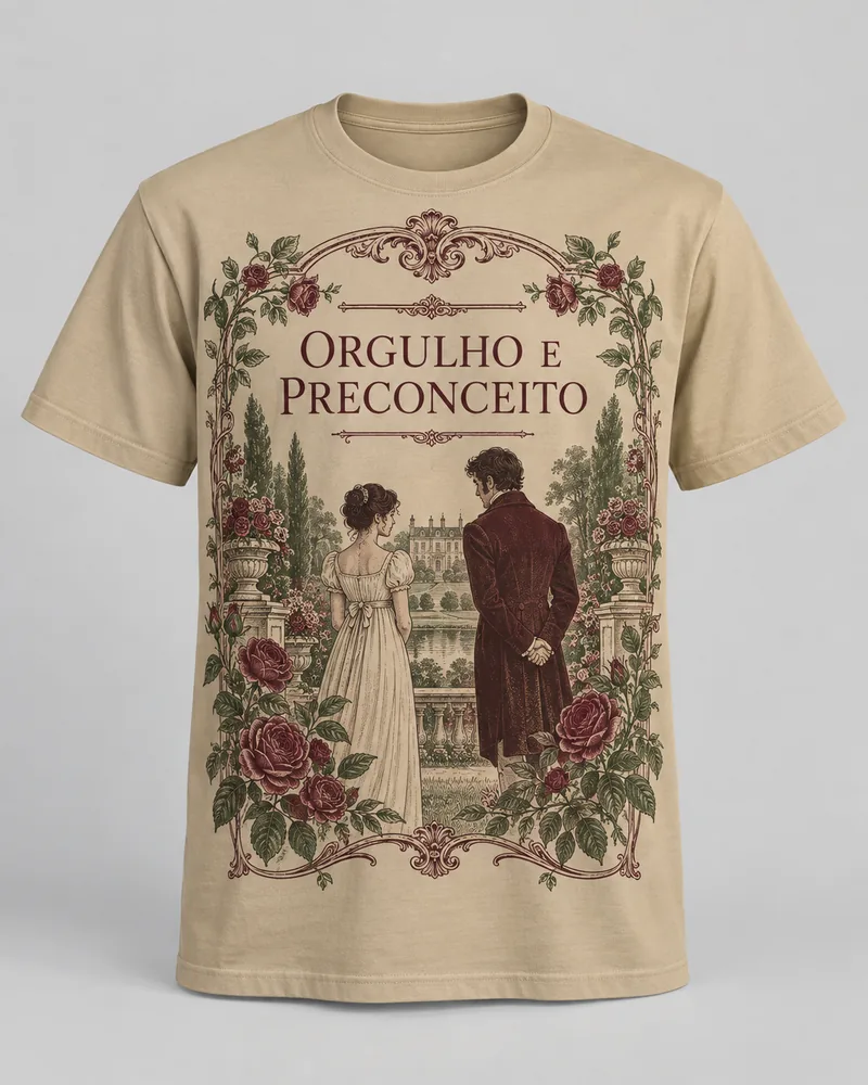 Proposta da camiseta Orgulho e Preconceito — Entre jardins, areia