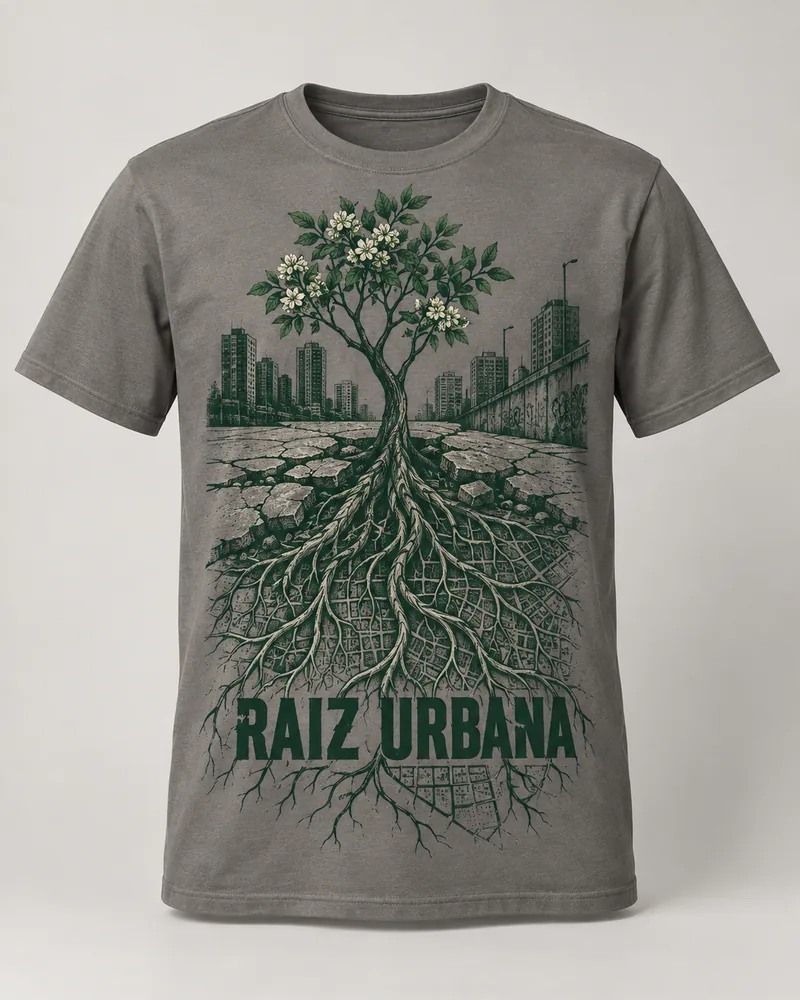 Proposta da camiseta Raiz urbana — Onde floresço, cinza