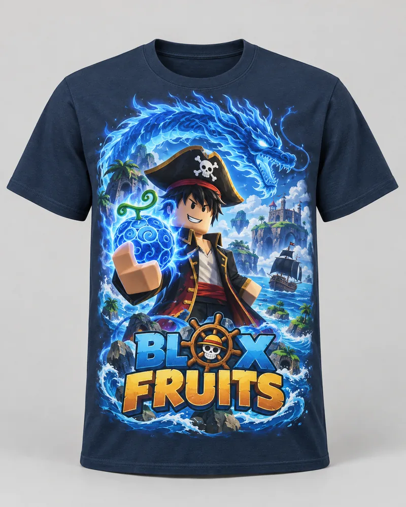 Proposta da camiseta Roblox — Blox Fruits, azul-marinho