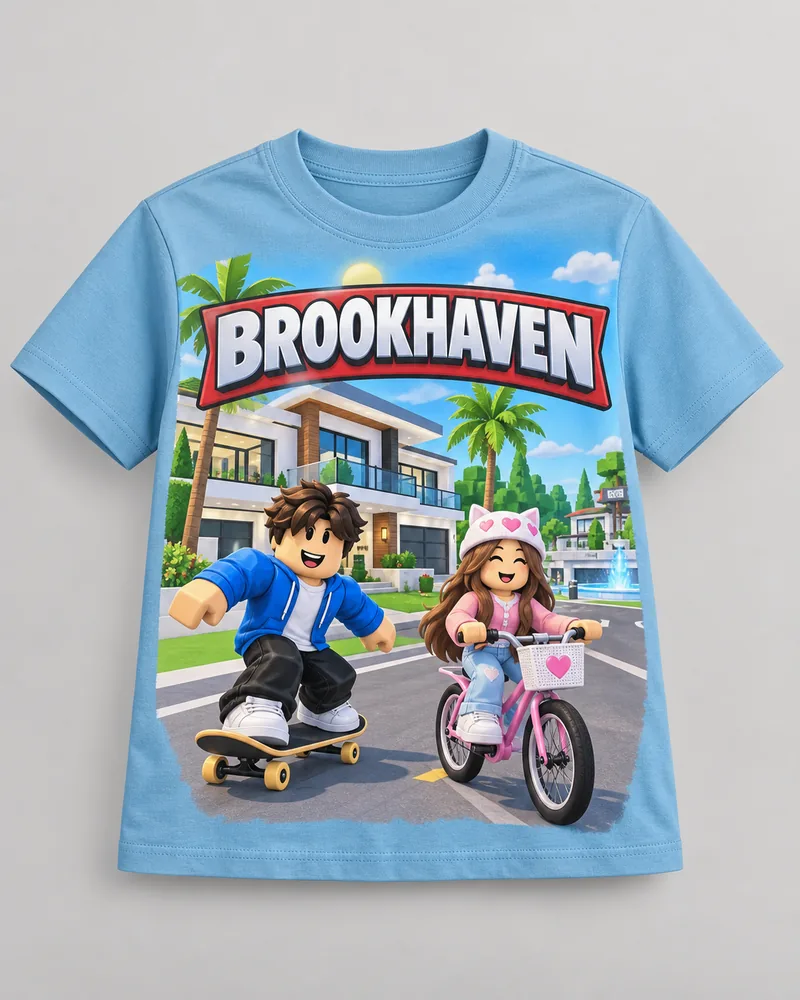 Proposta da camiseta Roblox — Meu mundo em Brookhaven, azul-claro