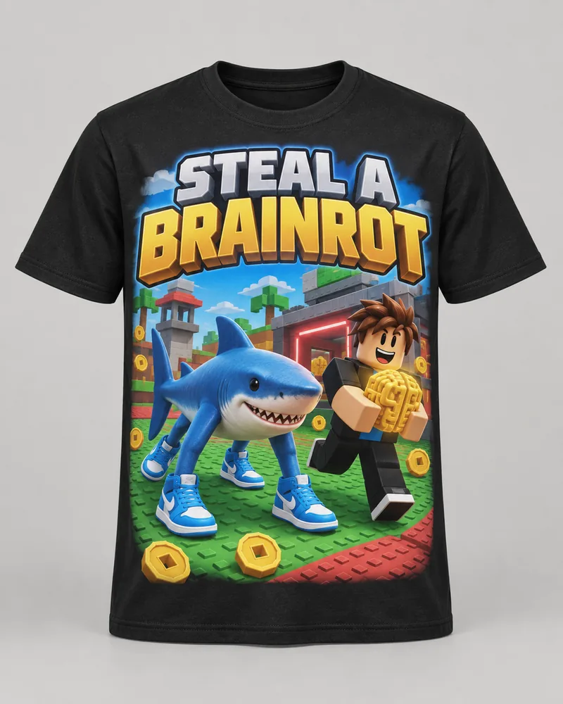 Proposta da camiseta Roblox — Steal a Brainrot, preto