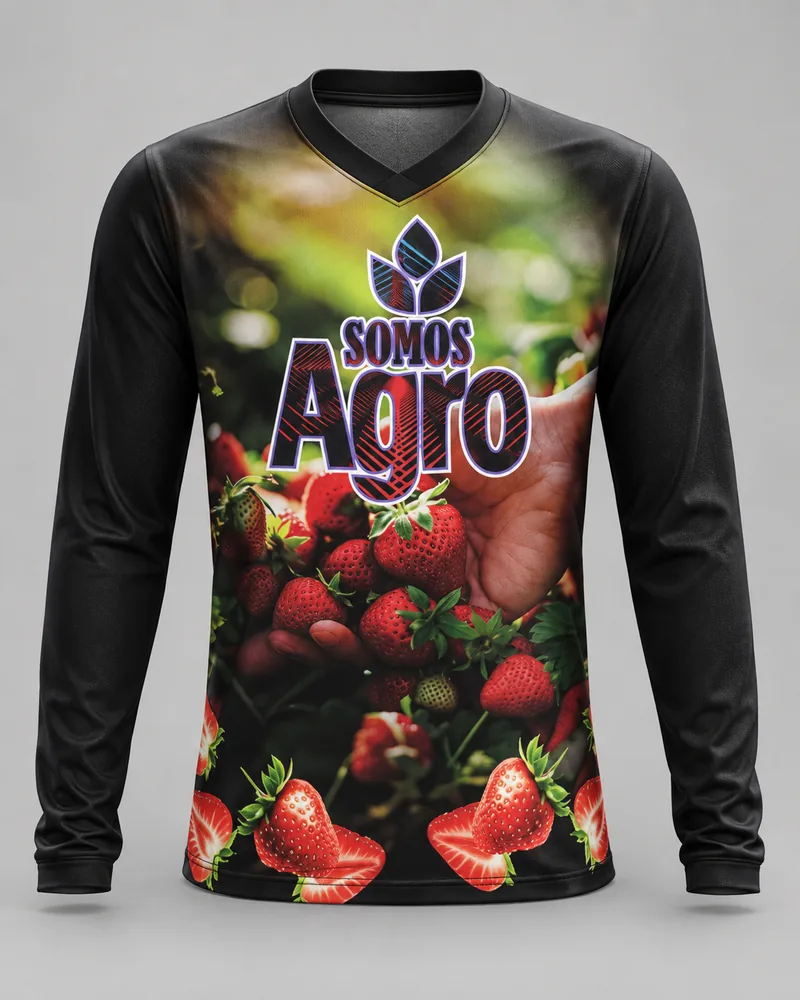 Mockup frontal da sublimada Somos Agro Morangos, preto e vermelho