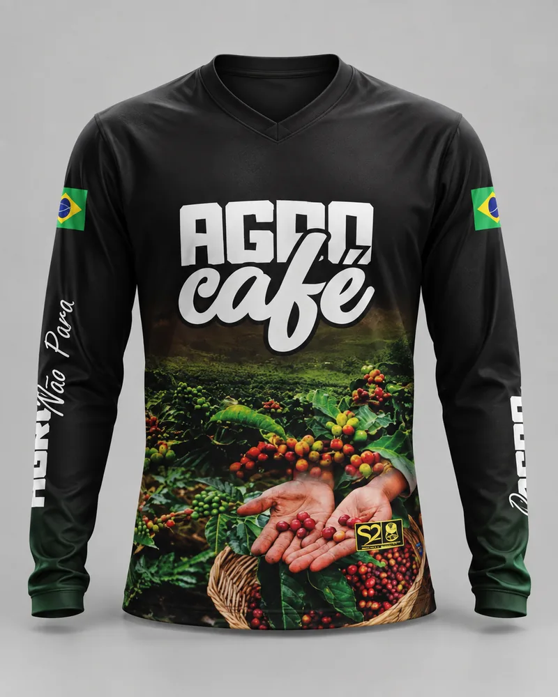 Mockup frontal da sublimada Agro Café Colheita, preto e verde