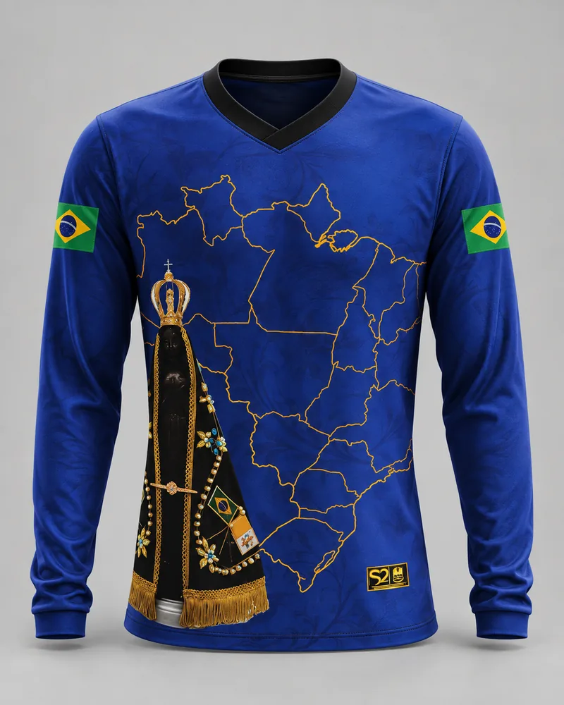 Mockup frontal da sublimada Aparecida Brasil Azul, azul royal e dourado