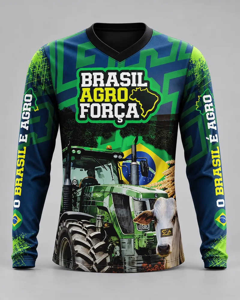 Mockup frontal da sublimada Brasil Agro Força Verde, azul escuro e verde