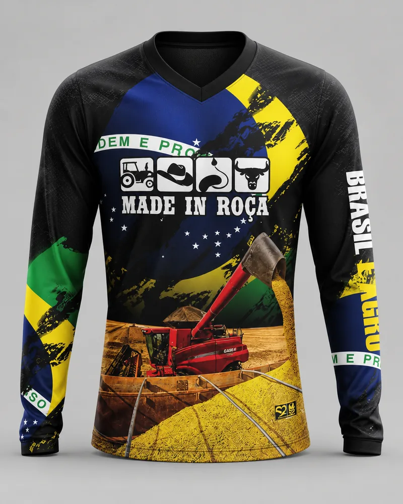 Mockup frontal da sublimada Made in Roça Colheita, preto, amarelo e verde