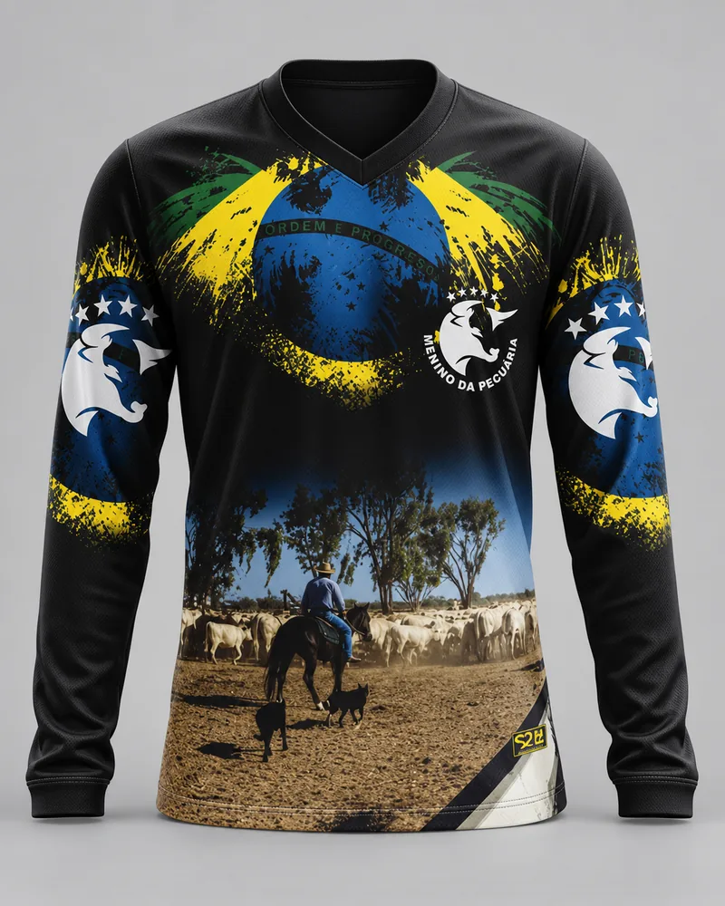 Mockup frontal da sublimada Menino da Pecuária, preto, azul e amarelo