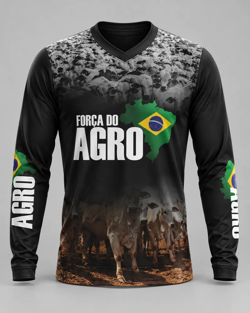 Mockup frontal da sublimada Força do Agro Rebanho, preto e verde