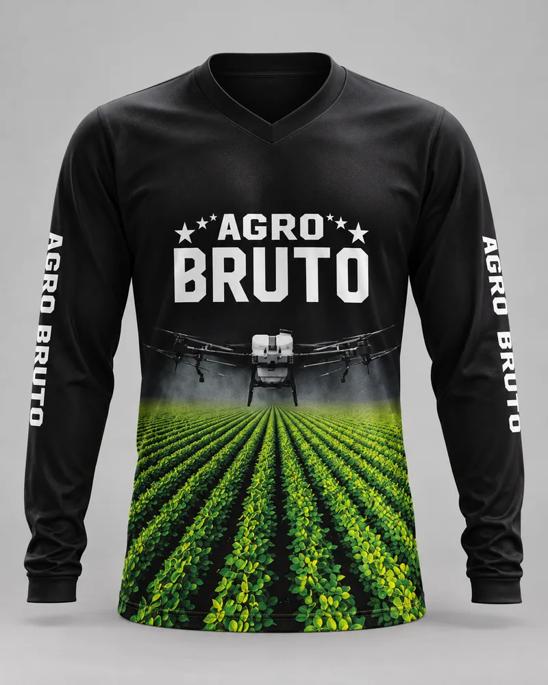 Mockup frontal da sublimada Agro Bruto Drone na Lavoura, preto e verde vivo