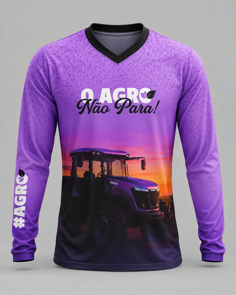Mockup frontal da sublimada O Agro Não Para Violeta, violeta e lilás